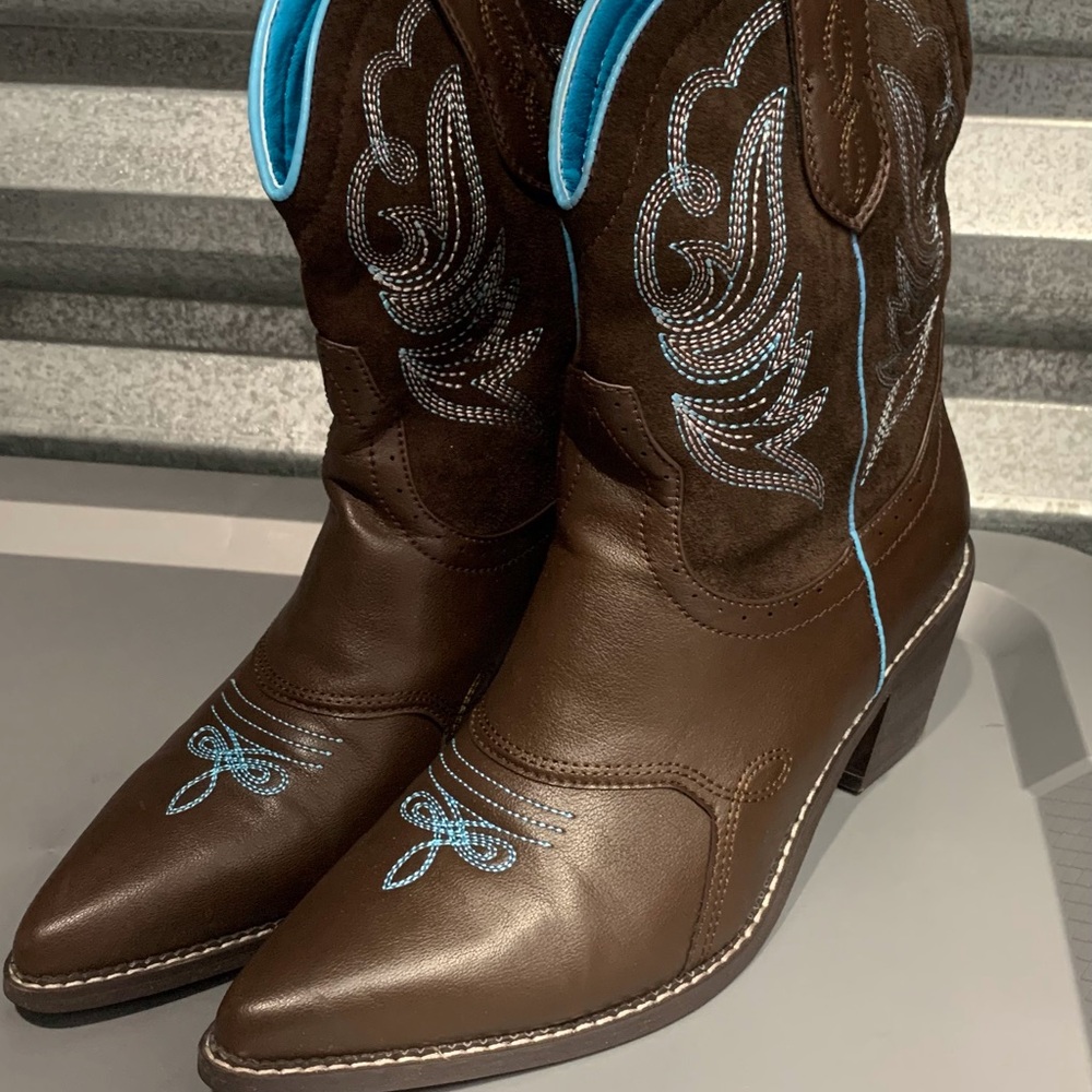 Cider Heeled Boots in Brown and Blue with Western Charm
